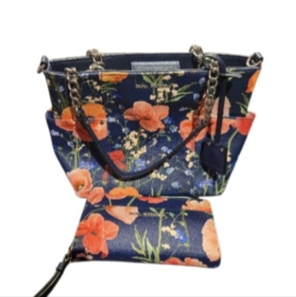 Dana Buchman Navy Floral Tote With Matching Wallet.